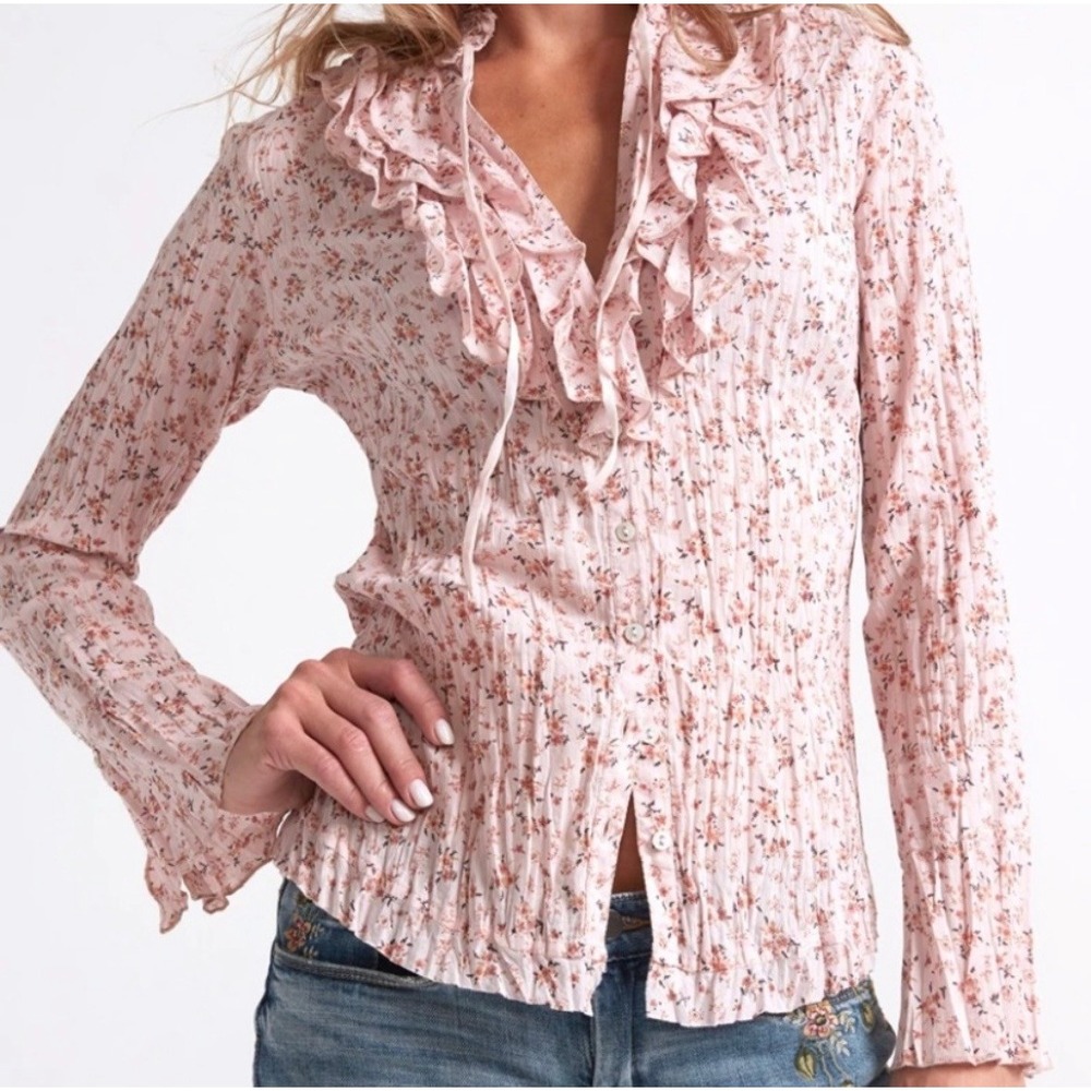Cino Otsuni Ditsy Floral Ruffle Button Up Blouse Pink Large